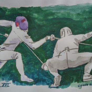 Painting titled "Escrime sportife "T…" by Slobodan Spasojevic (Spaki), Original Artwork, Watercolor