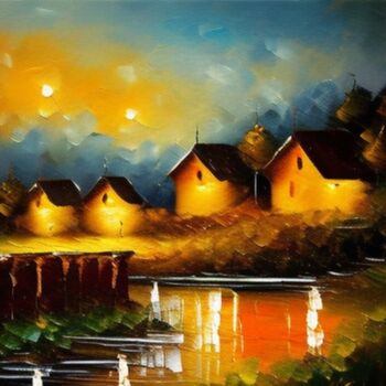 Digitale Kunst getiteld "Lake houses" door Slobodanka Ivancevic, Origineel Kunstwerk, AI gegenereerde afbeelding