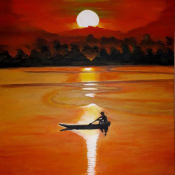 Painting titled ""Lac au coucher du…" by Aleksandra Mizula, Original Artwork, Acrylic