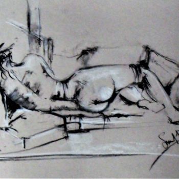 Drawing titled "Woman,reading lyrics" by Benny Smet, Original Artwork, Charcoal