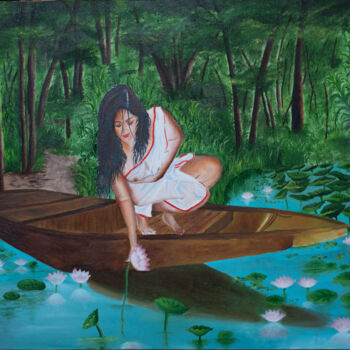 Картина под названием "Lady plucking Lotus" - Smiitaa Chatterjee, Подлинное произведение искусства, Масло
