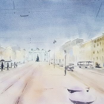 Pintura intitulada "Snowy twilight" por Irina Smirnova, Obras de arte originais, Aquarela