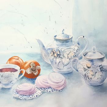 Pintura intitulada "Stilllife with pers…" por Irina Smirnova, Obras de arte originais, Aquarela