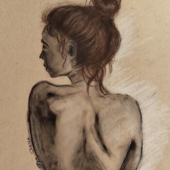 Картина под названием "Barely backless por…" - Sneha Lobo, Подлинное произведение искусства, Древесный уголь