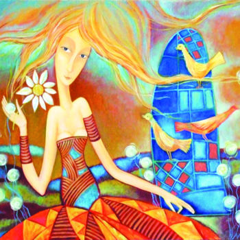 Картина под названием "Девушка и птички" - Татьяна Кобринец, Подлинное произведение искусства, Масло