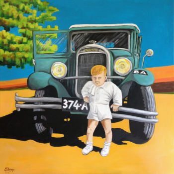 Painting titled "La voiture et l'enf…" by Snop, Original Artwork, Acrylic