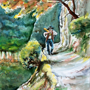 Painting titled "Le bucheron" by Snop, Original Artwork, Watercolor