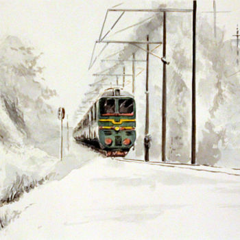Painting titled "Train dans la neige" by Snop, Original Artwork, Watercolor