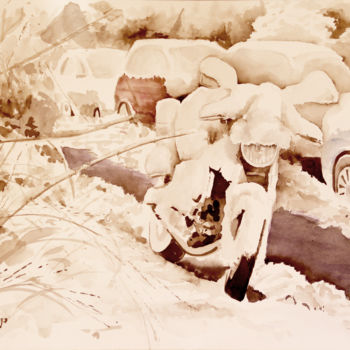 Painting titled "Moto sous la neige" by Snop, Original Artwork, Watercolor