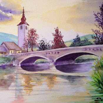 Painting titled "Lac de Bohinj en Sl…" by Snop, Original Artwork, Watercolor