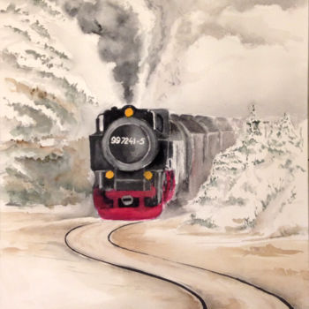 Painting titled "Train dans la neige…" by Snop, Original Artwork, Watercolor