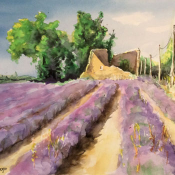 Painting titled "Lavandes à Valensol…" by Snop, Original Artwork, Watercolor