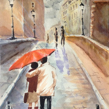 Schilderij getiteld "Le Parapluie Rouge" door Snop, Origineel Kunstwerk, Aquarel
