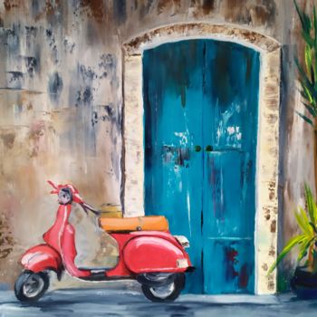 Painting titled "Mon premier scooter" by Christiane Soares, Original Artwork, Oil