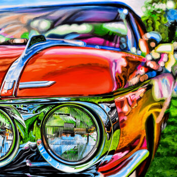 Painting titled "Little Red Cadillac" by Sócrates Rízquez, Original Artwork, Enamel Mounted on Aluminium