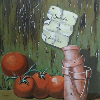Painting titled ""Salade de tomates"" by Sofi Ubi, Original Artwork, Acrylic Mounted on Wood Stretcher frame