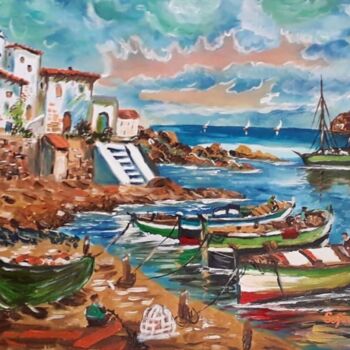 Pintura intitulada "Barcos" por Sofia Costa, Obras de arte originais, Óleo Montado em Armação em madeira