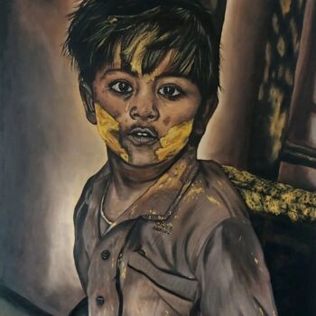 Painting titled "Menino de Ouro II" by Sofia Costa, Original Artwork, Oil Mounted on Wood Stretcher frame