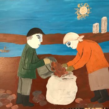 Painting titled "Digging Potatoes" by Svetlana Klyavlina, Original Artwork, Oil