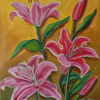 Painting titled "Pink lily" by Sofia Gasviani, Original Artwork, Oil