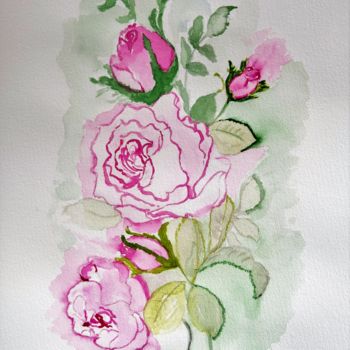 Painting titled "Field of Roses" by Sofie Papadopoulou, Original Artwork, Watercolor