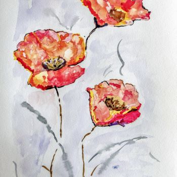 Painting titled "Red Poppies" by Sofie Papadopoulou, Original Artwork, Watercolor