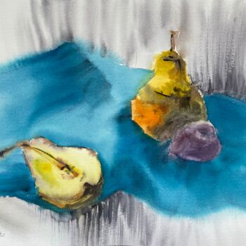 Картина под названием "Pears and plum" - Sofiia Kulichkova (Sonjakul), Подлинное произведение искусства, Акварель