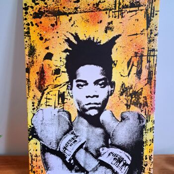 Painting titled "Basquiat Boxing" by Sohan_street, Original Artwork, Digital Painting Mounted on Wood Stretcher frame