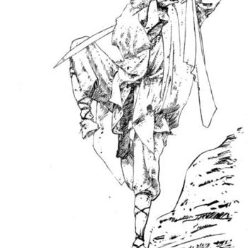 Drawing titled "Samourai au rocher" by Sojo, Original Artwork