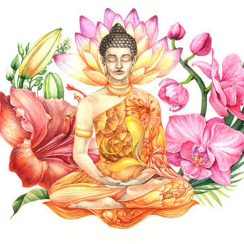 Pittura intitolato "Floral Buddha" da Kseniia Sokolova, Opera d'arte originale, Acquarello