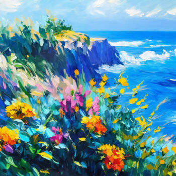 Peinture intitulée "Flowers on seashore" par Sol, Œuvre d'art originale, Huile