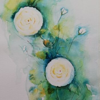 Pintura intitulada "Rosas Brancas" por Solange Esposito (SEsposito), Obras de arte originais, Aquarela