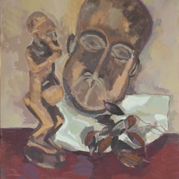 Schilderij getiteld "Masque et statuette…" door Chéker, Origineel Kunstwerk, Olie Gemonteerd op Frame voor houten brancard