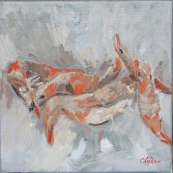 Painting titled "Gambas de Gambie" by Chéker, Original Artwork, Oil Mounted on Wood Stretcher frame