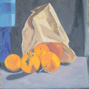 Painting titled "Sac d'oranges renve…" by Chéker, Original Artwork, Oil Mounted on Wood Stretcher frame