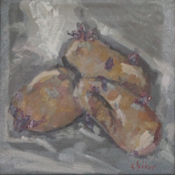 Painting titled "Les pommes de terre…" by Chéker, Original Artwork, Oil Mounted on Wood Stretcher frame