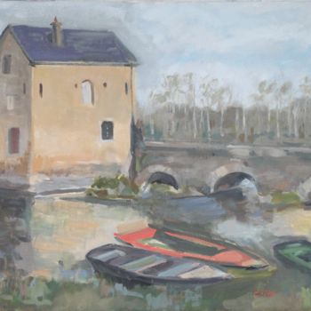 Painting titled "Moulin sur le Loir…" by Chéker, Original Artwork, Oil Mounted on Wood Stretcher frame