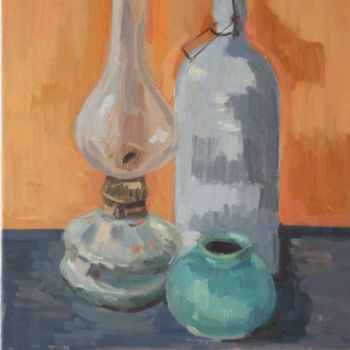 Peinture intitulée "Lampe à pétrole hon…" par Chéker, Œuvre d'art originale, Huile Monté sur Châssis en bois