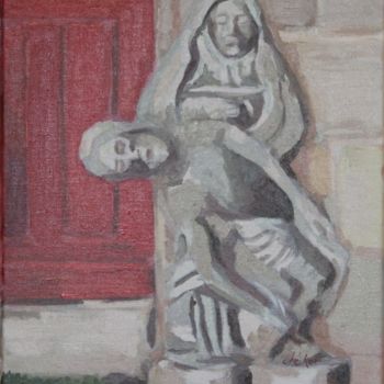 Schilderij getiteld "Piéta (Notre-Dame d…" door Chéker, Origineel Kunstwerk, Olie Gemonteerd op Frame voor houten brancard