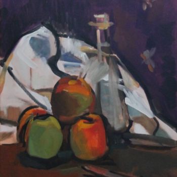 Painting titled "Pommes, carafe et t…" by Chéker, Original Artwork, Oil Mounted on Wood Stretcher frame