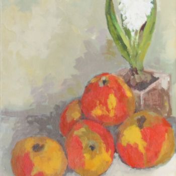 Peinture intitulée "Jacinthe et pommes" par Chéker, Œuvre d'art originale, Huile Monté sur Châssis en bois