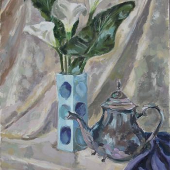 Painting titled "Vase bleu, fleurs a…" by Chéker, Original Artwork, Oil Mounted on Wood Stretcher frame