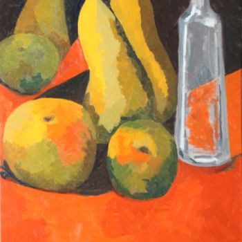 Painting titled "Fruits et bouteille…" by Chéker, Original Artwork, Oil Mounted on Wood Stretcher frame
