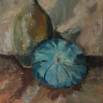 Painting titled "Courge bleue de Hon…" by Chéker, Original Artwork, Oil Mounted on Wood Stretcher frame