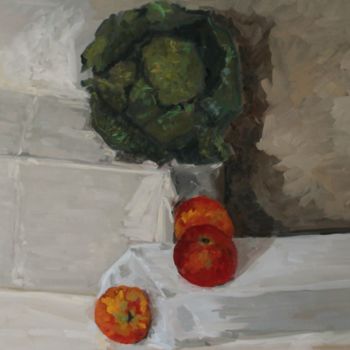 Painting titled "Nature Morte aux Tr…" by Chéker, Original Artwork, Oil Mounted on Wood Stretcher frame