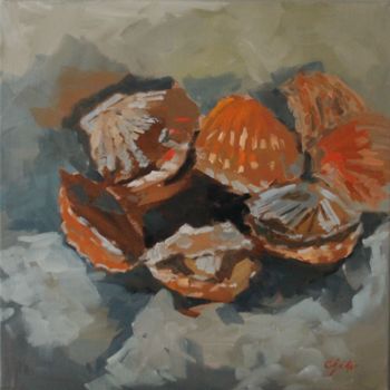 Painting titled "Les Coquilles Saint…" by Chéker, Original Artwork, Oil Mounted on Wood Stretcher frame