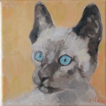Painting titled "Le Siamois aux yeux…" by Chéker, Original Artwork, Oil Mounted on Wood Stretcher frame