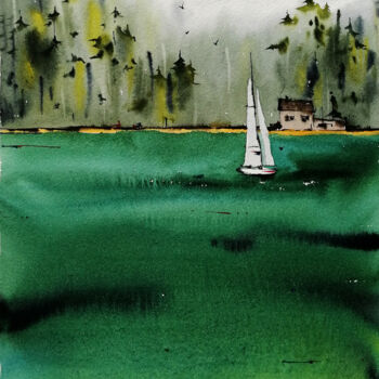Pintura intitulada "Озеро в горах" por Marina Zhukova, Obras de arte originais, Aquarela
