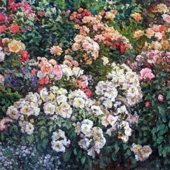 Pittura intitolato "Roses in the garden" da Andrey Soldatenko, Opera d'arte originale, Olio