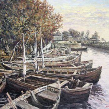 Painting titled "Boats" by Andrey Soldatenko, Original Artwork, Oil